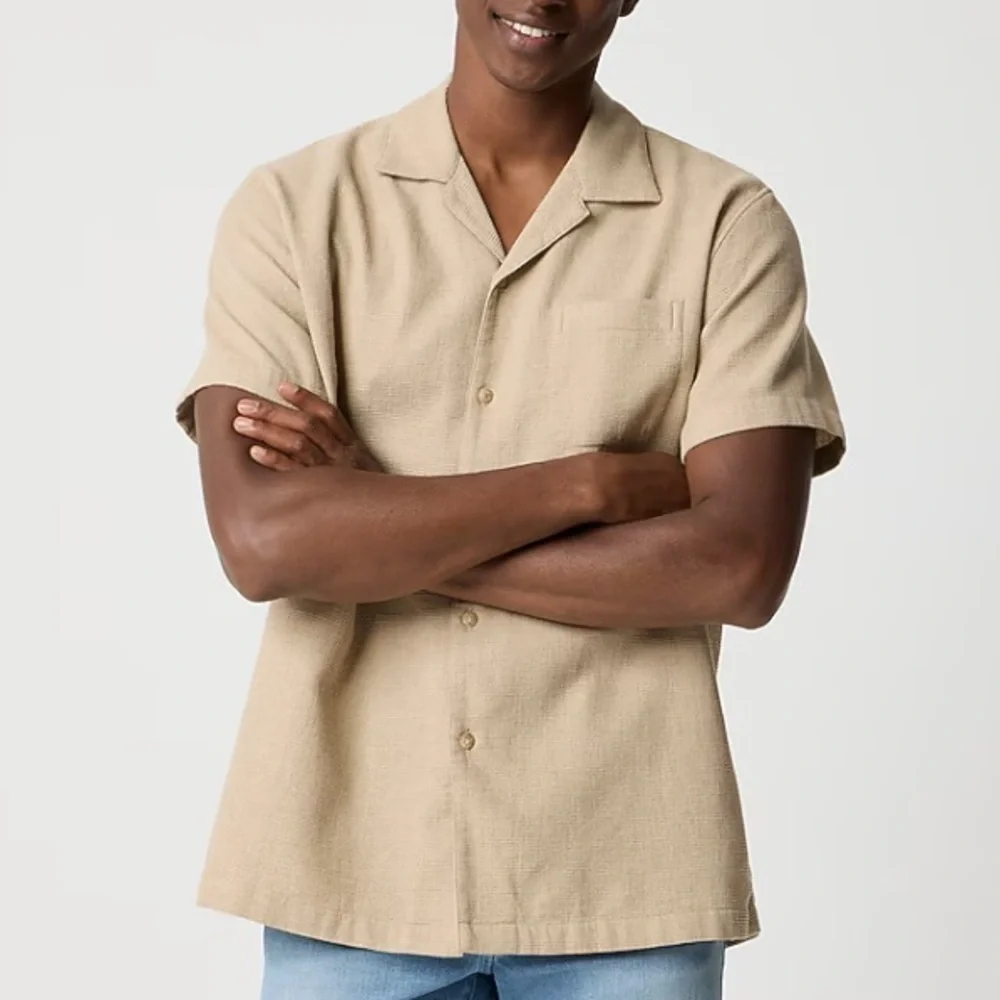 NWOT j crew heather light camel Short-sleeve waffle dobby camp shirt